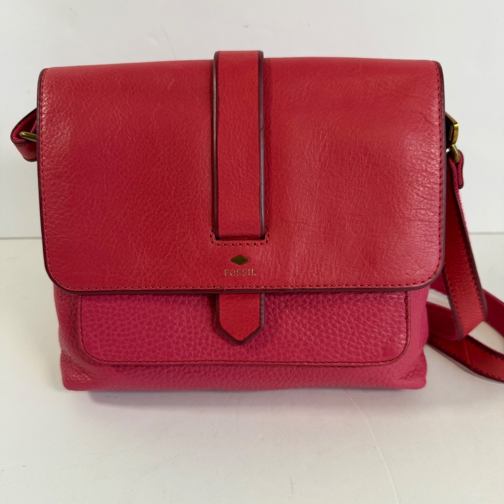 Fossil Pink Leather Crossbody Bag Flap Front Purse Adjustable Strap